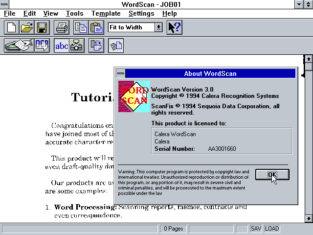 Calera WordScan 3.0 - About